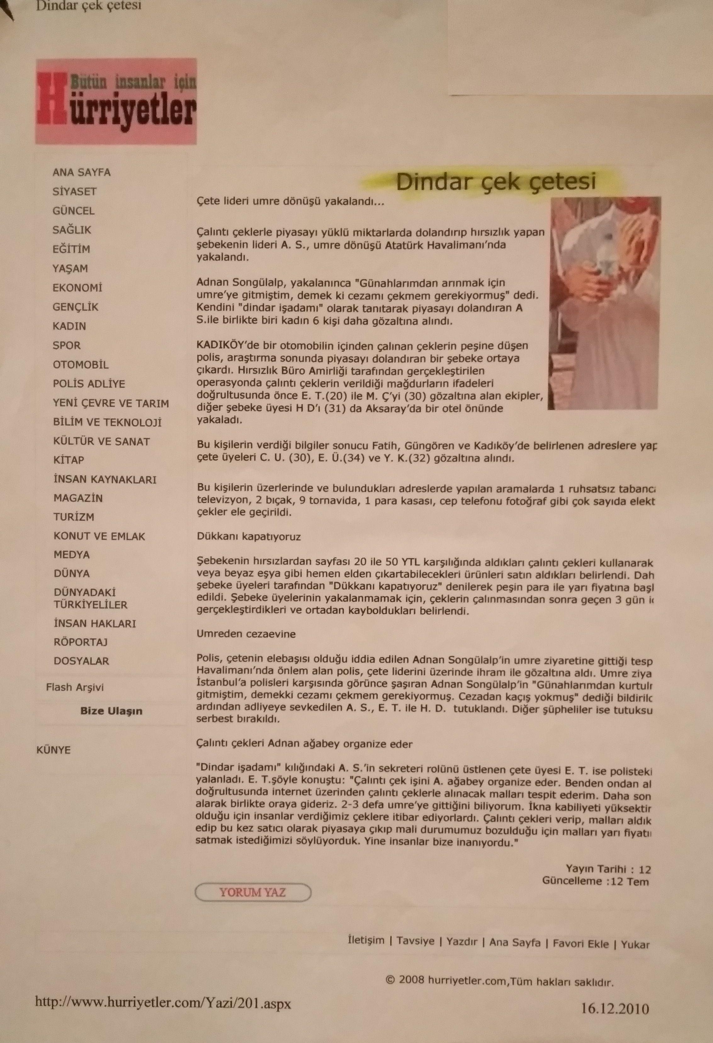 Adnan Songülalp - Hürriyet yalan haber